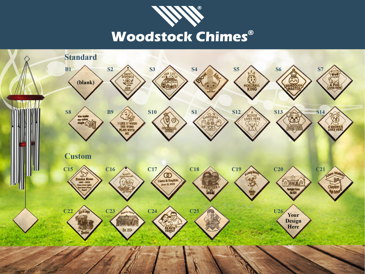 Woodstock Chimes collection showing standard and custom engraved sail possibilities